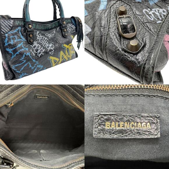 Balenciaga Graffiti City Leather Shoulder Bag Black Multicolor - Picture 5 of 5